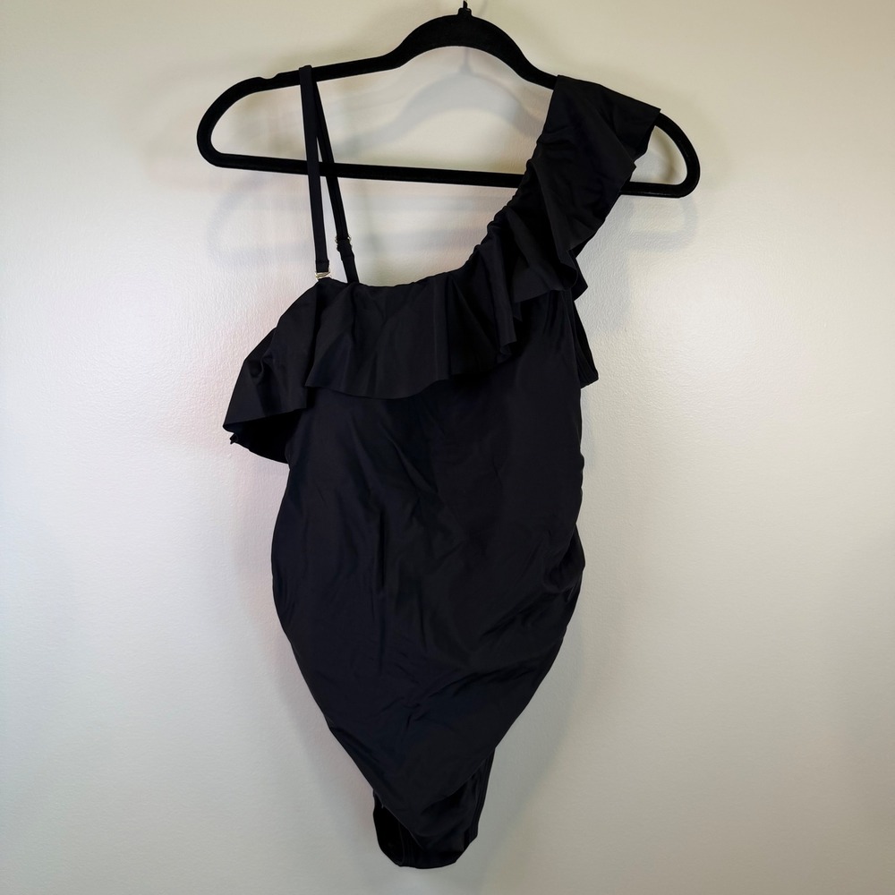 Quince Black Ruffle One Piece Swimsuit Ruched Large NWT Modest Quiet Luxury